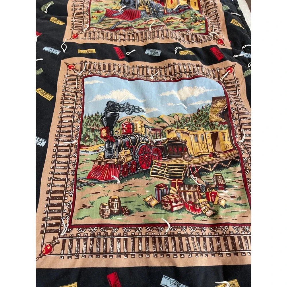 Vintage Steam Engine Locomotive Train Quilted Throw Blanket 48x40 Railroad Theme